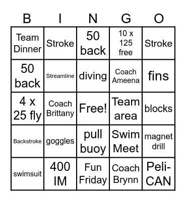 Pelican Swim Team Bingo Card