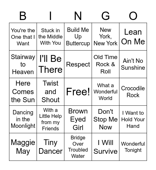 60s & 70s Music Bingo Card