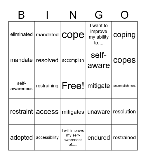 Unit 10- Social Emotional Learning Bingo Card