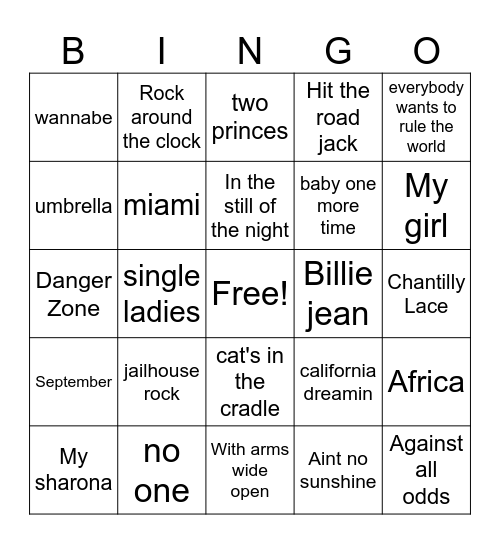Music Through the Era's Bingo Card