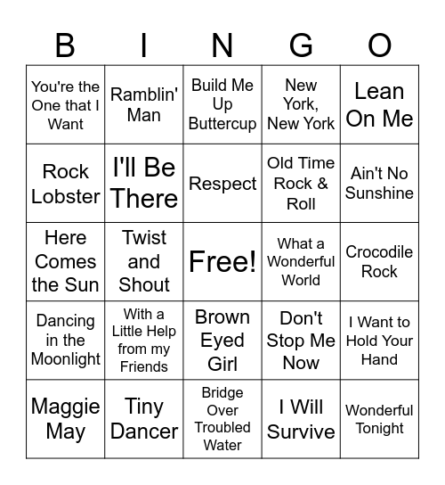 60s & 70s Music Bingo Card