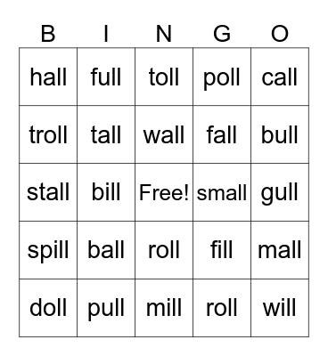 'all'  'oll' 'ull' Bingo Card