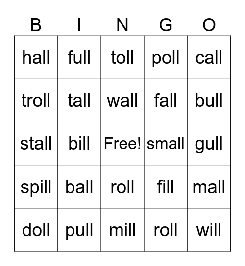 'all'  'oll' 'ull' Bingo Card