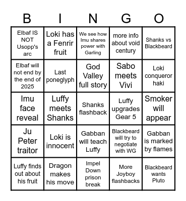 One Piece 2025 Bingo Card