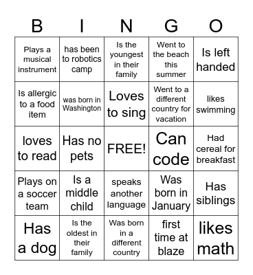 Get to know you Bingo Card