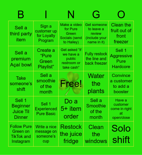 Feelin Lukcy? Pure Green South Loop Bingo Card