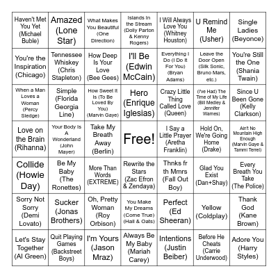 Love Song Bingo Card