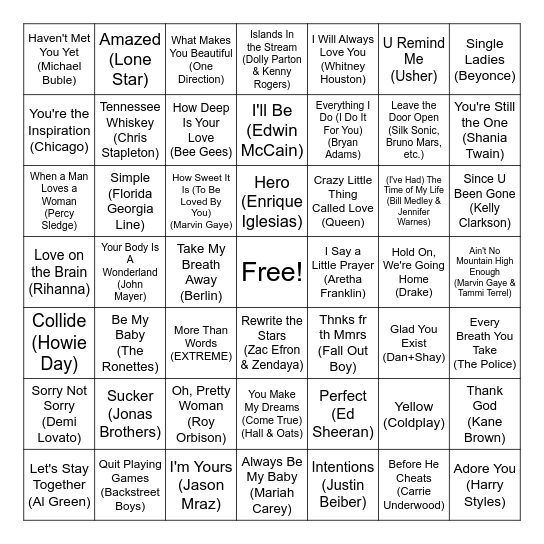 Love Song Bingo Card