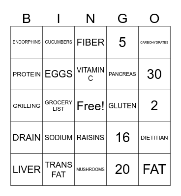 Nutrition Bingo Card