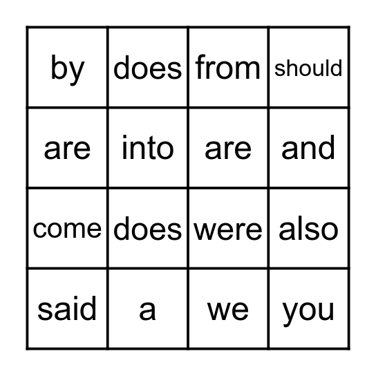 Sight Words Bingo Card