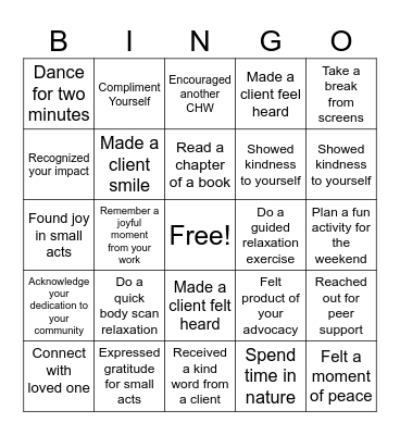 CHW & Self-Care Bingo Card