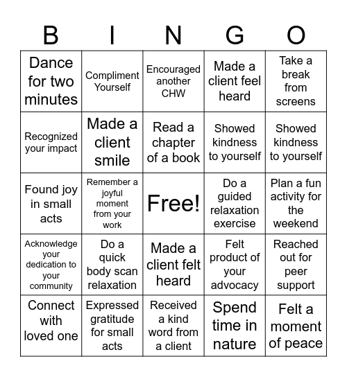 CHW & Self-Care Bingo Card