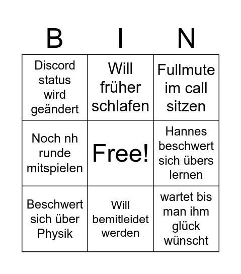 Hannes Physik Klausur Bingo Card