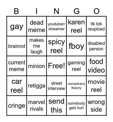 Instagram reel bingo Card