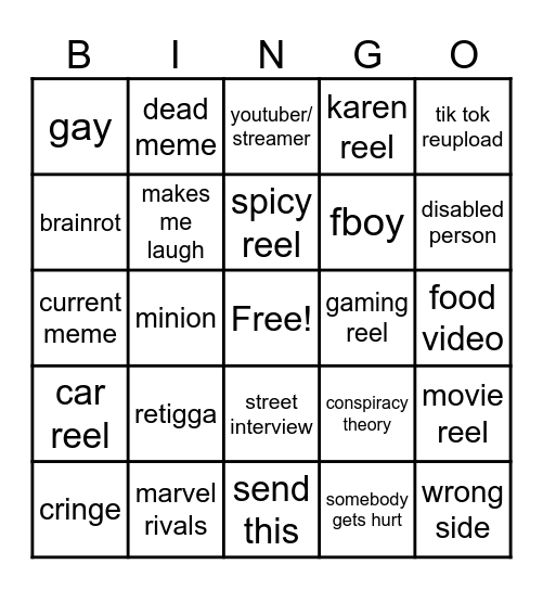 Instagram reel bingo Card