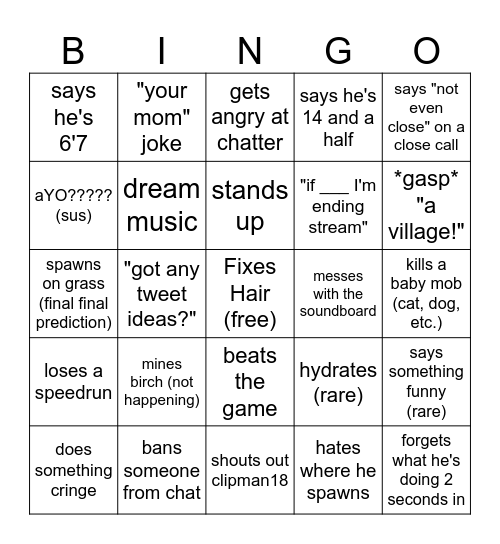 Camman18 Stream Bingo Card