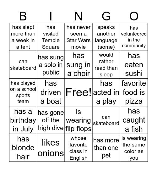 Get to Know You Bingo Card