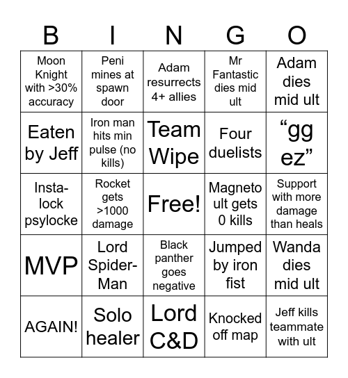 Marvel Rivals Bingo Card