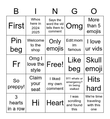 Shorts bingo Card