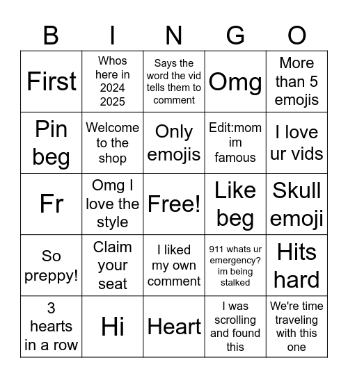 Shorts bingo Card