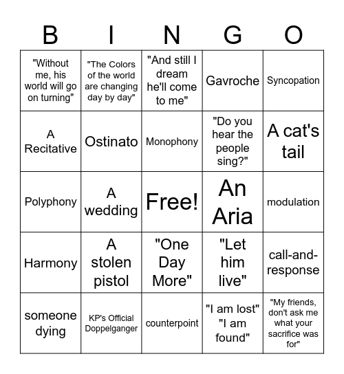 Les Miserables Bingo Card