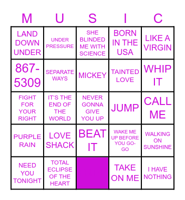 80S HITS Bingo Card