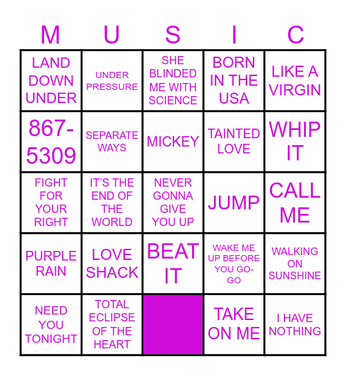 80S HITS Bingo Card