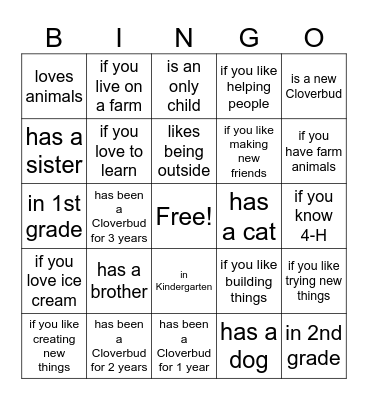 4-H Cloverbud Get to know Me Bingo Card