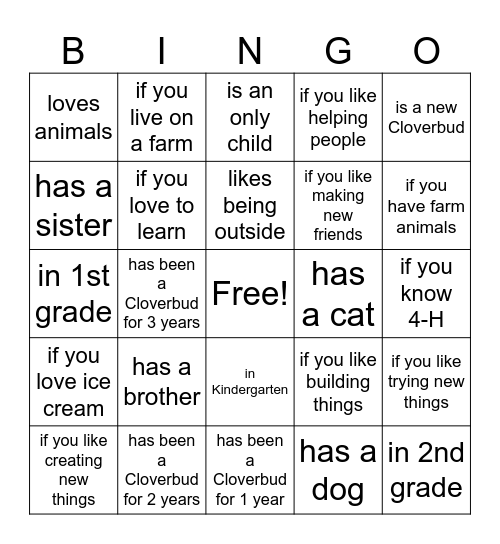 4-H Cloverbud Get to know Me Bingo Card