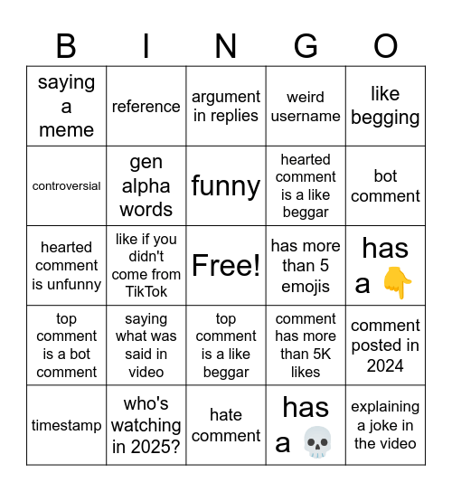 youtube video comment bingo Card