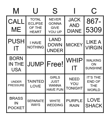 80S HITS Bingo Card