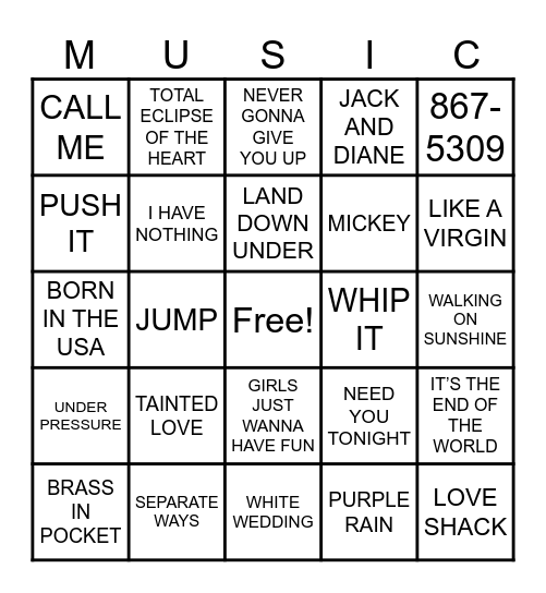 80S HITS Bingo Card