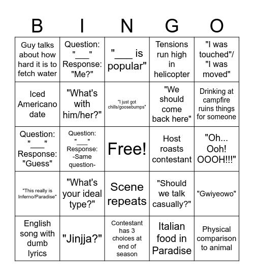 Single's Inferno Bingo Card