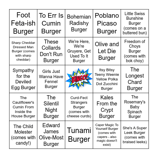 Bob's Burgers Burger of the Day Bingo Card