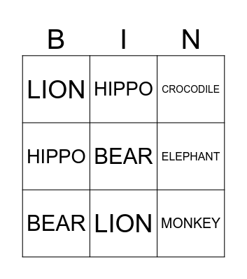 Wild animals Bingo Card
