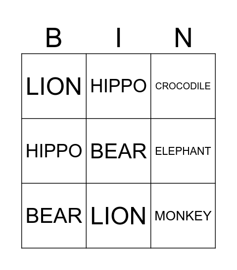 Wild animals Bingo Card