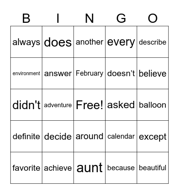 COMMONLY MISPELLED WORDS Bingo Card
