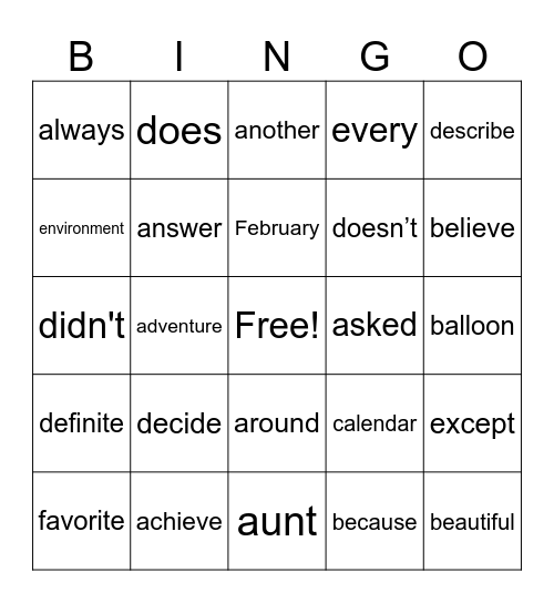 COMMONLY MISPELLED WORDS Bingo Card