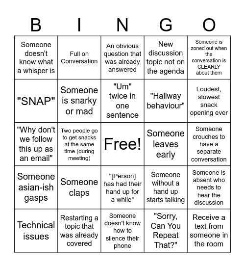 Staff Meeting Bingo Card
