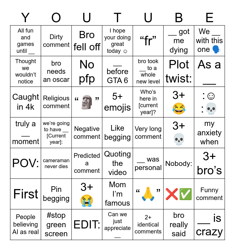 Youtube Comment Bingo Card