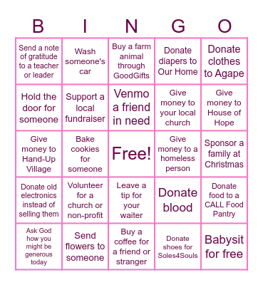 Generosity Bingo Card