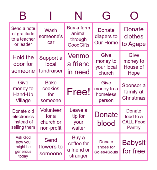 Generosity Bingo Card