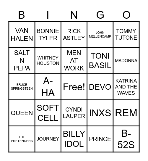 80S HITS-ARTISTS Bingo Card
