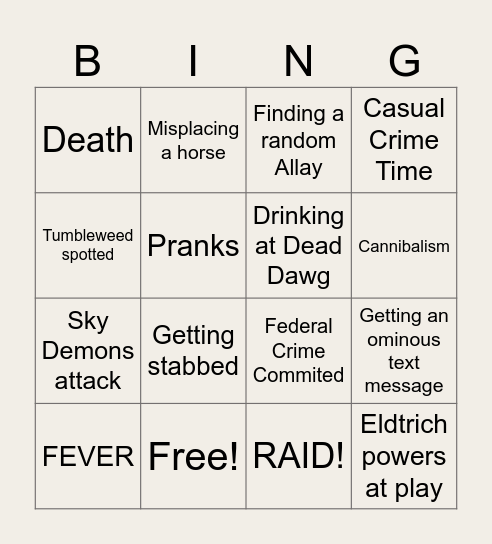 Wild West Bingo Card