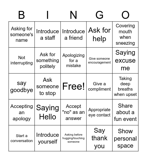 Social Skills Bingo Card