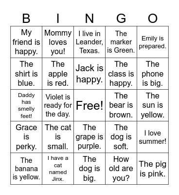 Simple Sentence Bingo Card