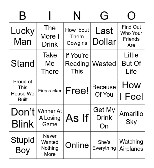 Top Country Songs  2007 Bingo Card