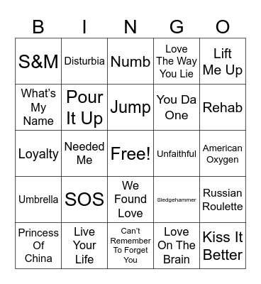 Rhianna Songs Bingo Card