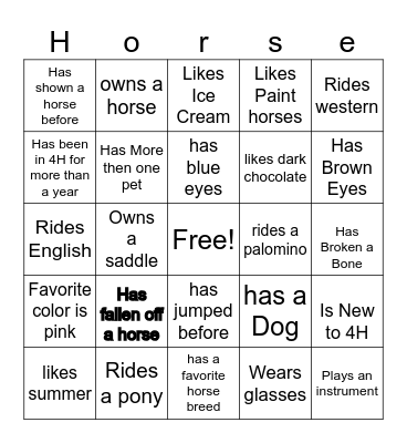 Get to know you horse edition Bingo Card