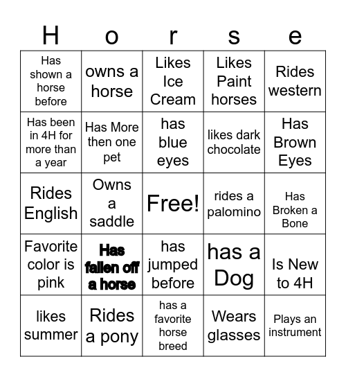 Get to know you horse edition Bingo Card